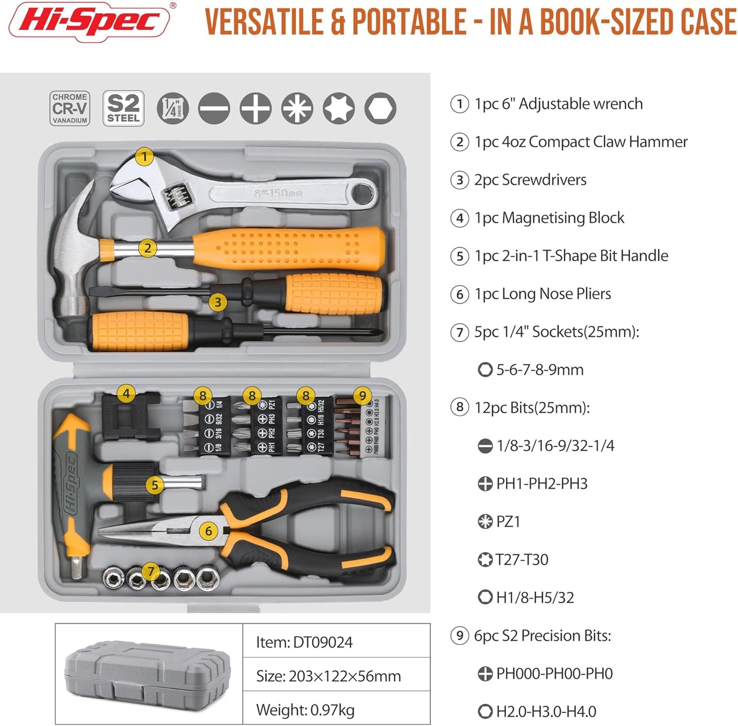 Hi-Spec Juego Compacto De Herramientas Para Hogar Y Oficina De 30 Piezas. Kit De Reparaciones Básicas En Maletín Portátil Con Alicates, Destornilladores Y Llaves